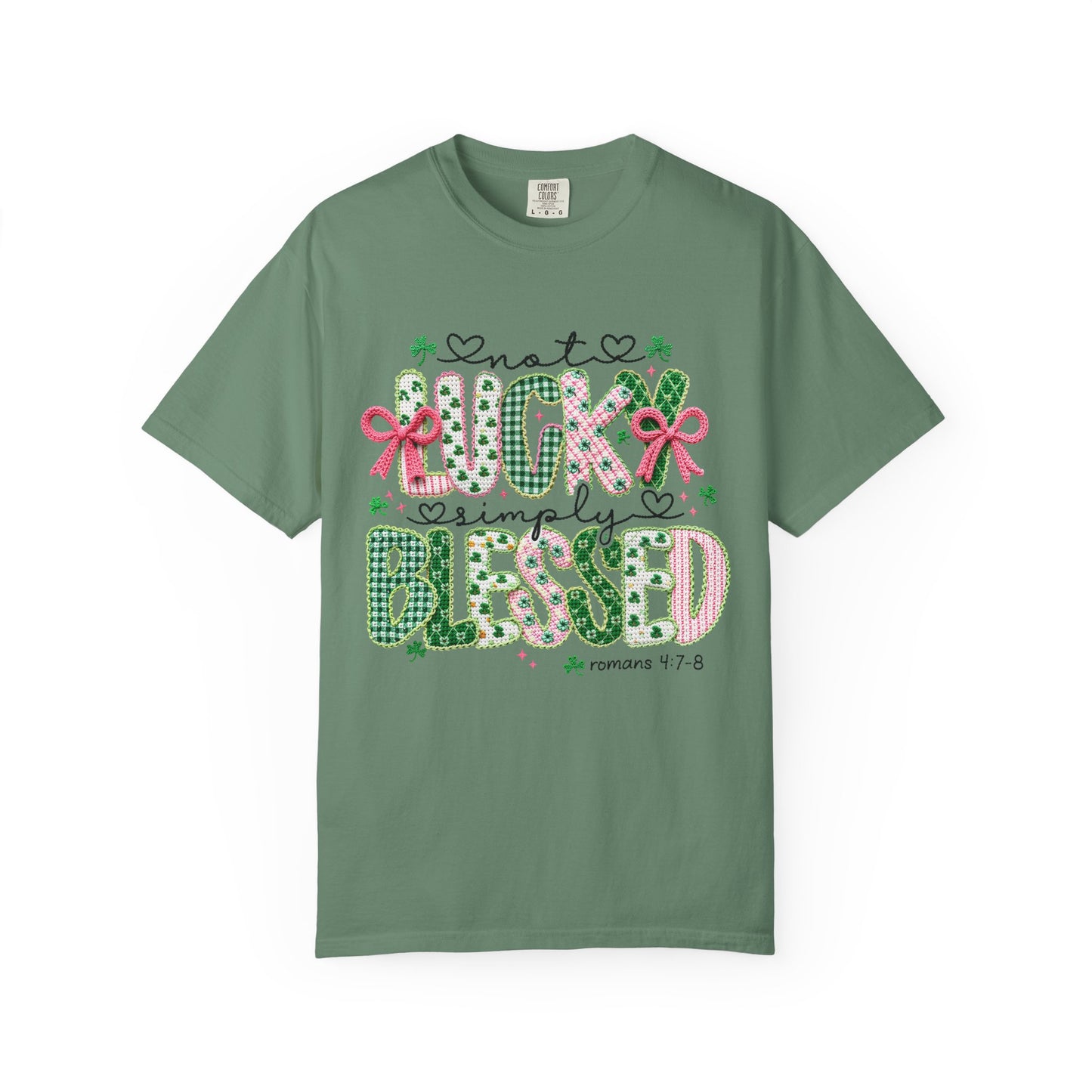 Not Lucky Simply Blessed Shirt | Christian St Patrick Day Tee ,Coquette  Pink  Bow Clover Plaid Ribbon Top, Romans 4:7-8 Faith Shirt