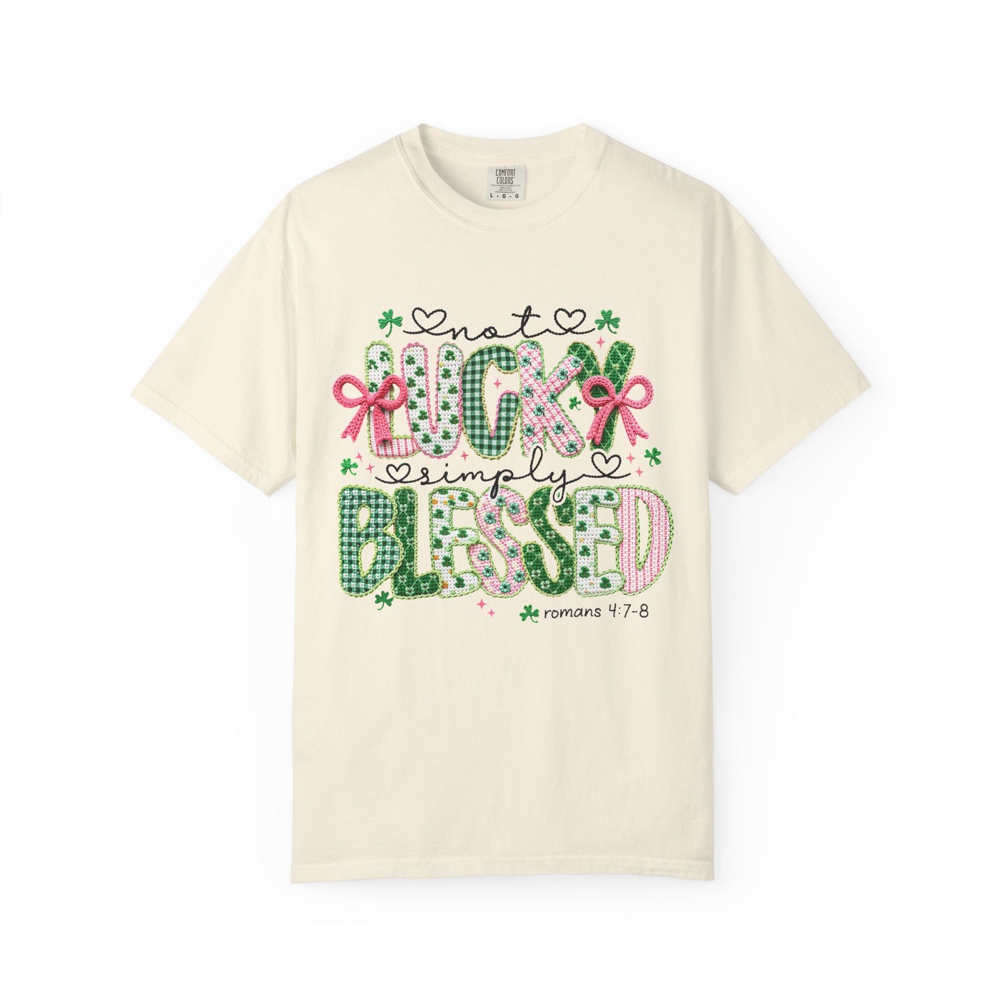 Not Lucky Simply Blessed Shirt | Christian St Patrick Day Tee ,Coquette  Pink  Bow Clover Plaid Ribbon Top, Romans 4:7-8 Faith Shirt