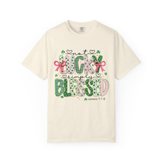 Not Lucky Simply Blessed Shirt | Christian St Patrick Day Tee ,Coquette  Pink  Bow Clover Plaid Ribbon Top, Romans 4:7-8 Faith Shirt