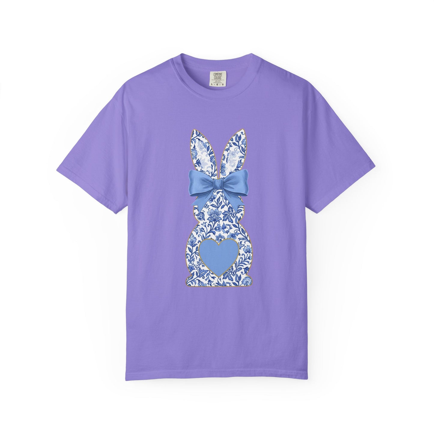 Blue Floral Bunny with Bow T-Shirt | Easter spring heart design