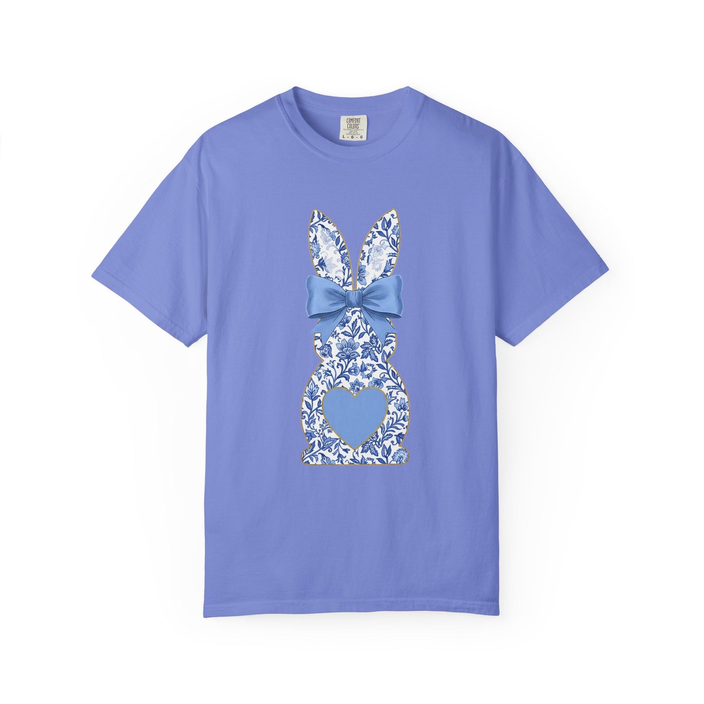 Blue Floral Bunny with Bow T-Shirt | Easter spring heart design