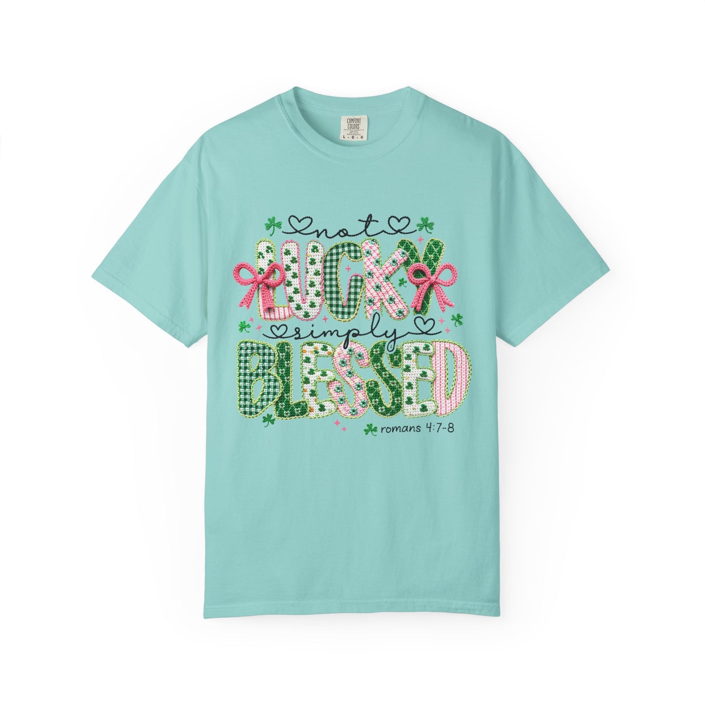 Not Lucky Simply Blessed Shirt | Christian St Patrick Day Tee ,Coquette  Pink  Bow Clover Plaid Ribbon Top, Romans 4:7-8 Faith Shirt