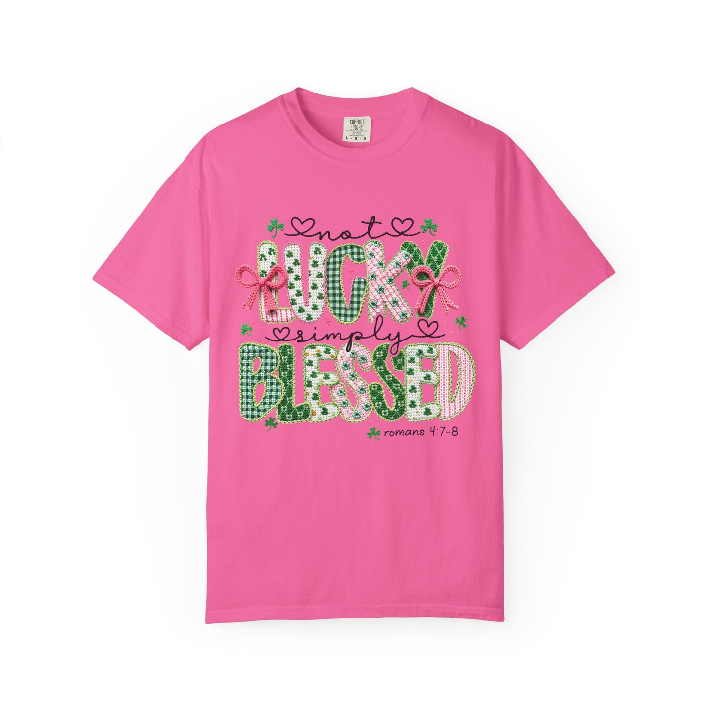 Not Lucky Simply Blessed Shirt | Christian St Patrick Day Tee ,Coquette  Pink  Bow Clover Plaid Ribbon Top, Romans 4:7-8 Faith Shirt