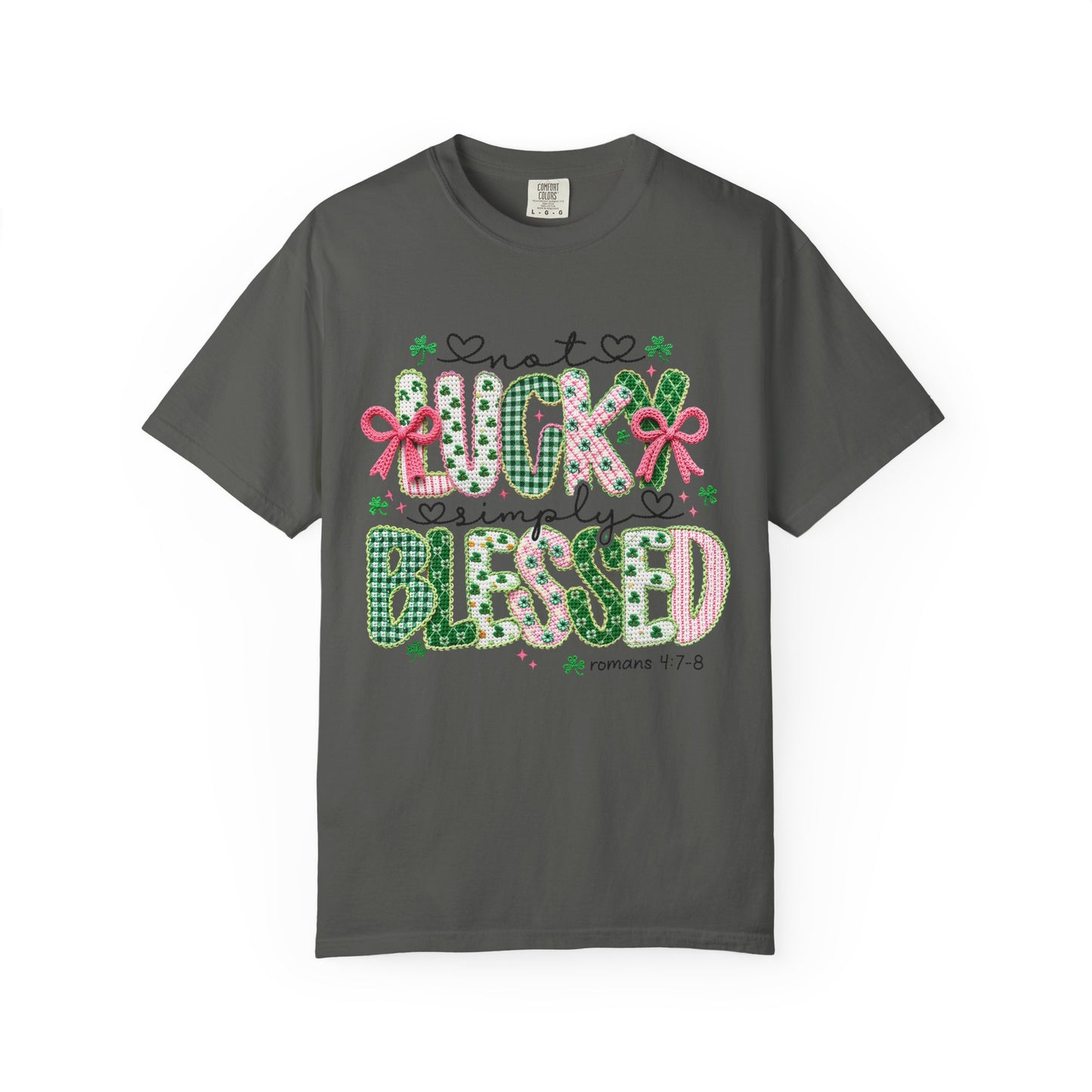 Not Lucky Simply Blessed Shirt | Christian St Patrick Day Tee ,Coquette  Pink  Bow Clover Plaid Ribbon Top, Romans 4:7-8 Faith Shirt