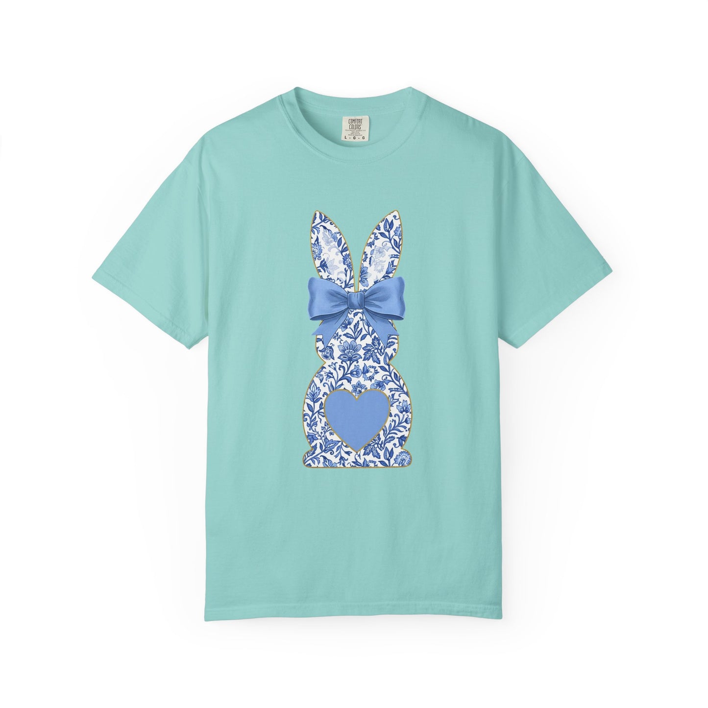 Blue Floral Bunny with Bow T-Shirt | Easter spring heart design