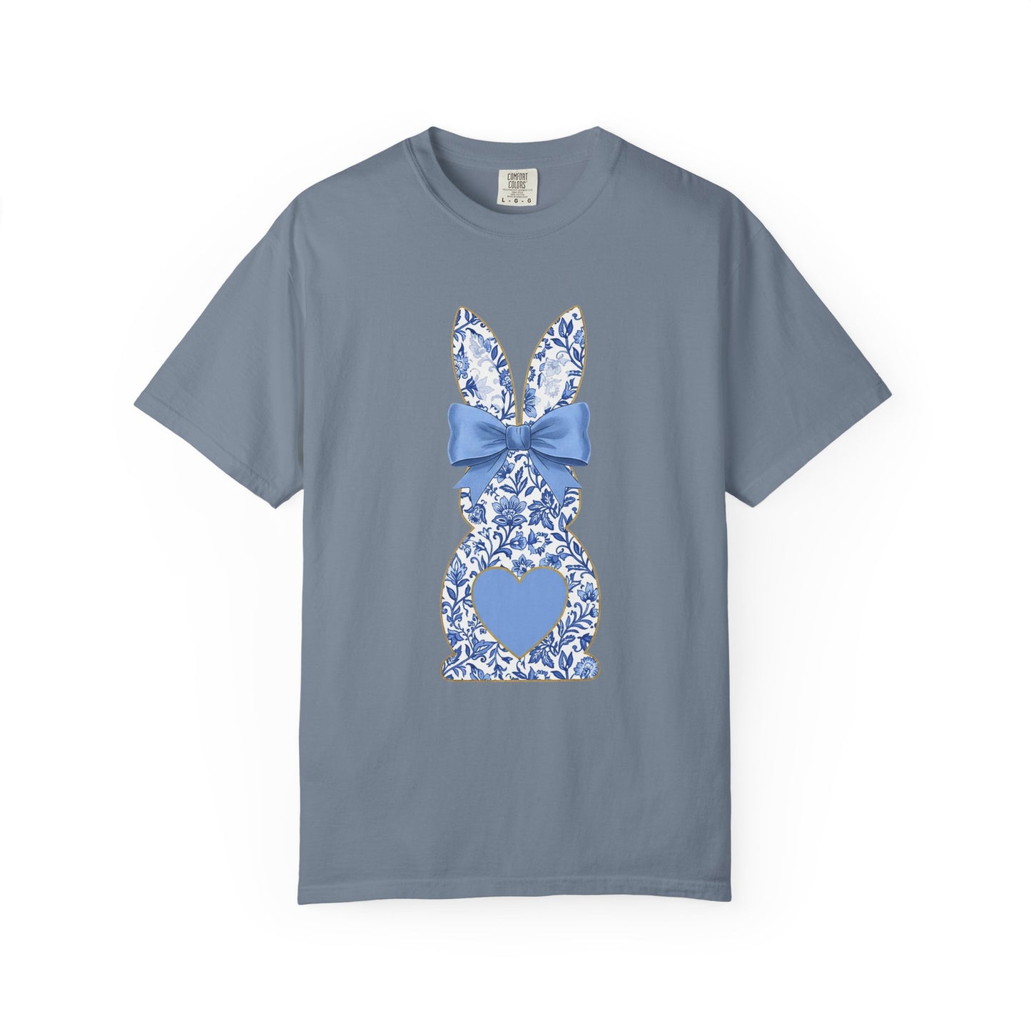 Blue Floral Bunny with Bow T-Shirt | Easter spring heart design