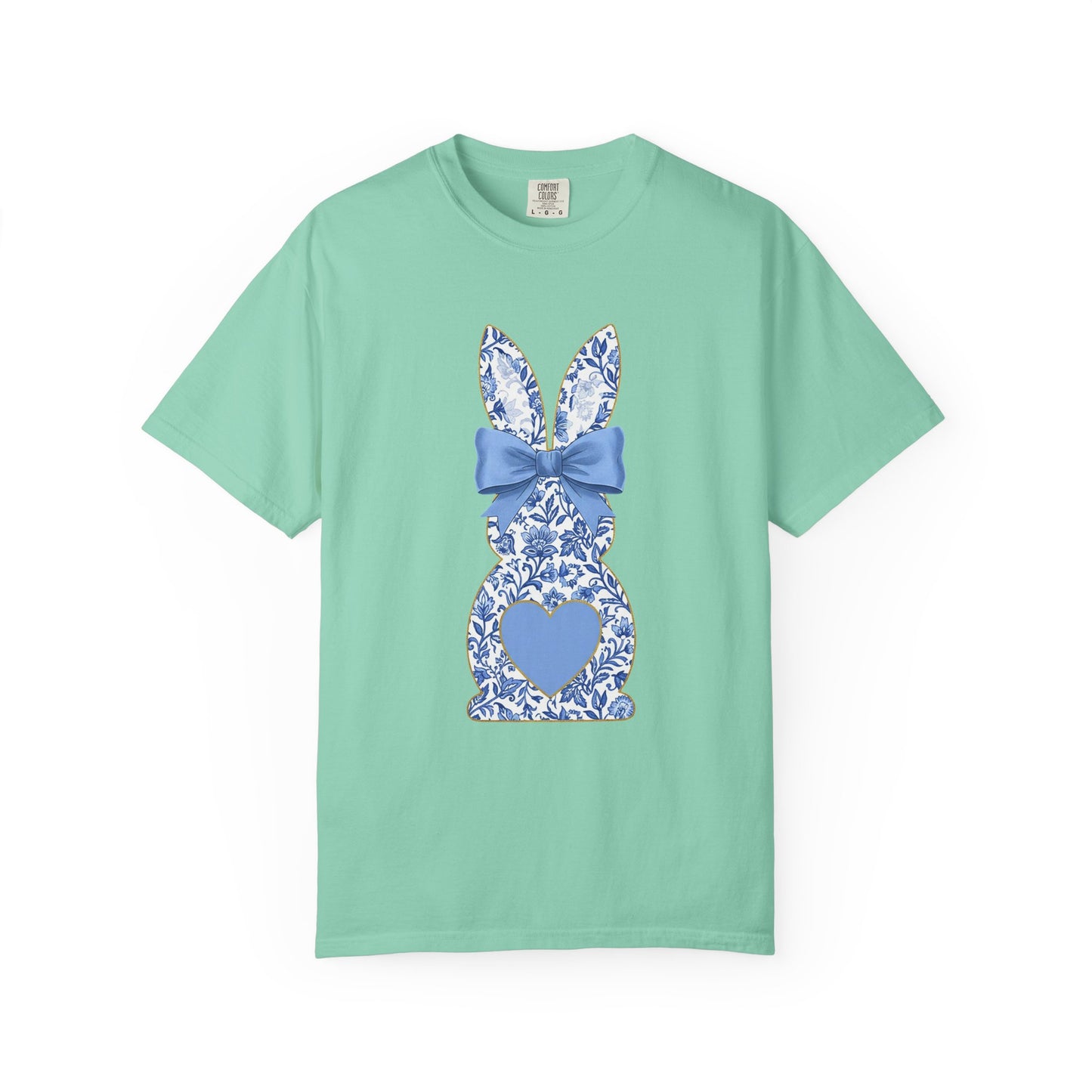 Blue Floral Bunny with Bow T-Shirt | Easter spring heart design