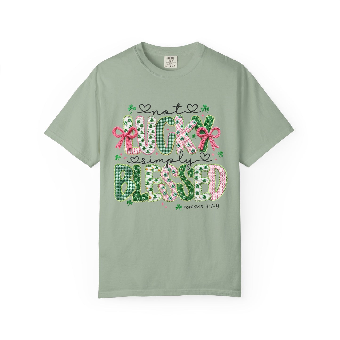 Not Lucky Simply Blessed Shirt | Christian St Patrick Day Tee ,Coquette  Pink  Bow Clover Plaid Ribbon Top, Romans 4:7-8 Faith Shirt